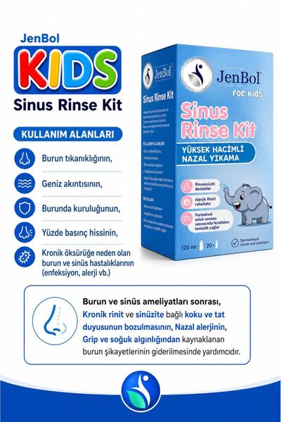 Jenbol Kids Sinus Rinse Burun ve Sinus Temizl. Kiti 120 ml X 20 Yedek Tozu . Çocuğunuzun rahat nefes alması için optimize edilmiş temizleme gücü