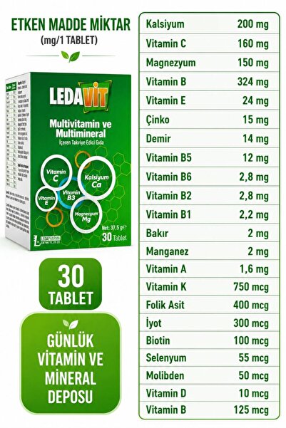 LedaPharma Multivitamin Mineral 30 Tablet (KALSİYUM MAGNEZYUM ÇİNKO DEMİR VB.)
