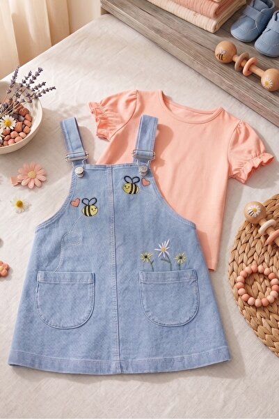 EYMİR GİYİM Girl's Baby Pocketed Floral Bee Embroidered Denim Salopet Dress +...