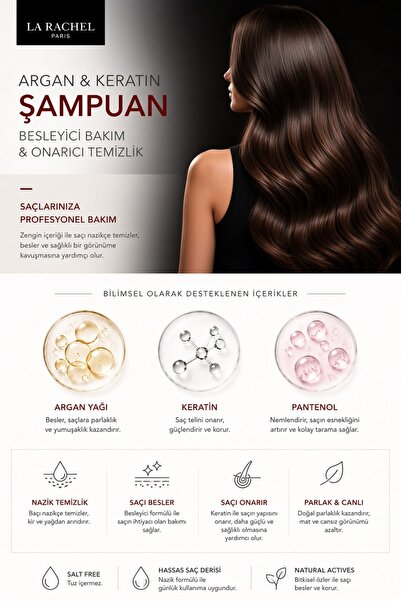 La Rachel Yavaş Uzayan ve Yıpranmış Saçlar İçin Şampuan. Argan ve Hidrolize Keratin ile Tuzsuz Özel Formül