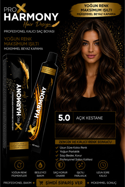 X Pro Harmony Açık Kestane Saç Boyası 5.0 Doğal Ton Beyaz Kapatıcı Kalıcı Tüp...