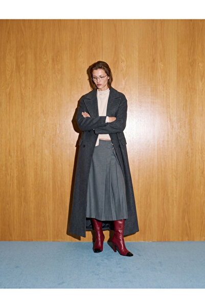 Koton Long Sleeve Double-Breasted Long Cashmere Coat with Belt and Pockets