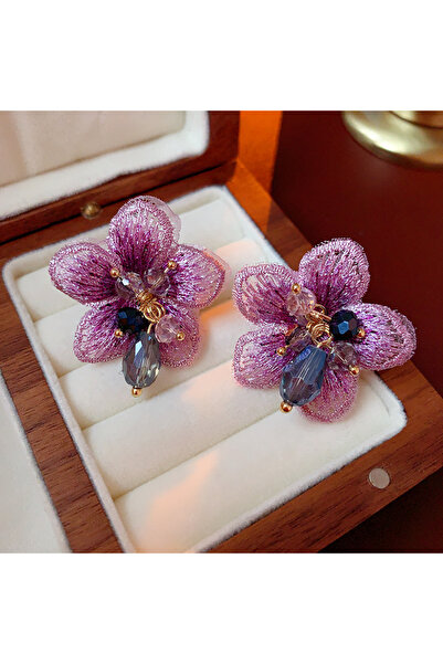 Choice Purple Ethnic Style Colorful Embroidered Flower Dangle Earrings for Wo...