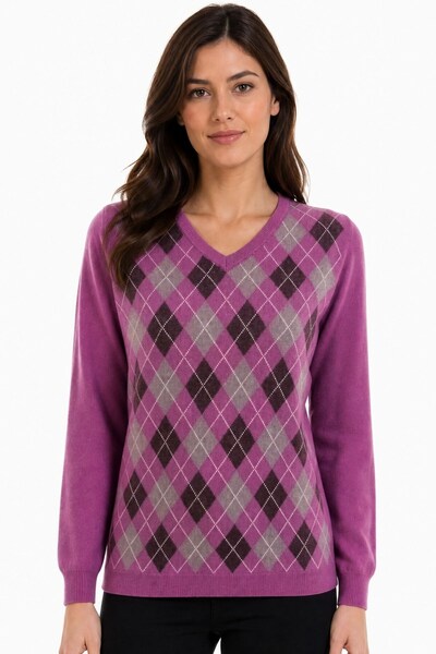 Desen Triko Women's V-Neck Diamond Patterned Wool Sweater Y.G.Kurusu