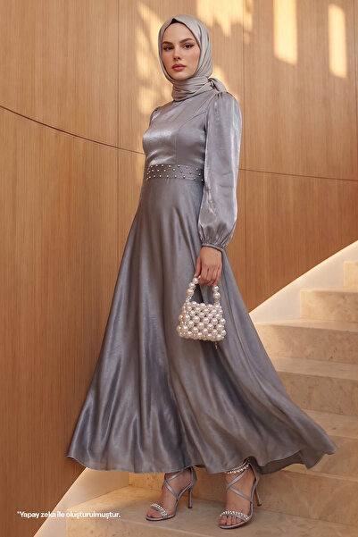 InStyle Silvery Gray Satin Dress with Stone Belt