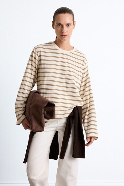DeFacto Striped Crew Neck Loose Cut Long Sleeve T-Shirt I5381Ax26Au