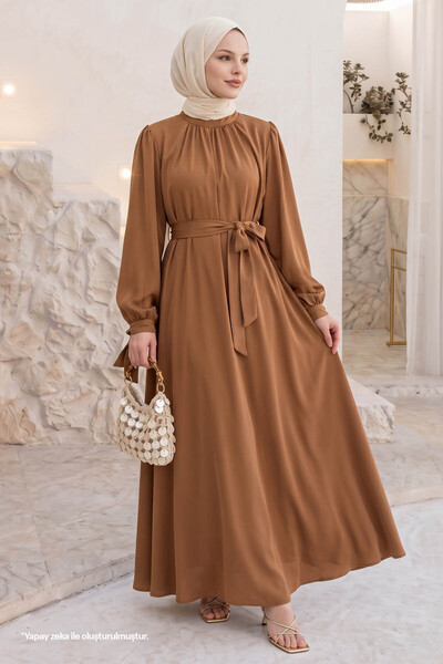 InStyle Camel Dress with Sleeve Belt Tie