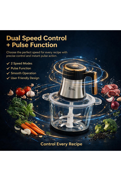 Royal Appliances خلاط طعام كهربائي رويال 3 لتر، محرك 400 واط، 4 شفرات من الفولاذ المقاوم للصدأ، تحكم بسرعتين، وعاء زجاجي شفاف، حماية من الحرارة الزائدة للحوم والخضروات والمكسرات والتوابل RA-CHG-312
