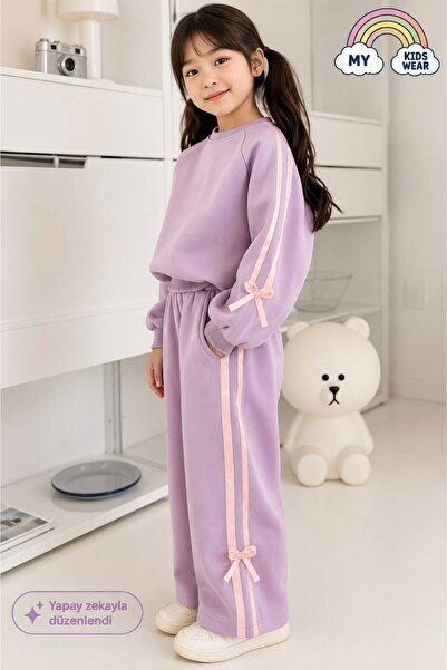 My Kids Wear Girls' Double Ribbon Three Thread Tracksuit Set 3-10 Years Old 1...