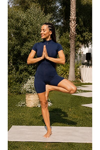 Marka Kadın Lacivert Fermuarlı Kısa Kollu Spor Tulum Pilates Yoga Fitness Tulum