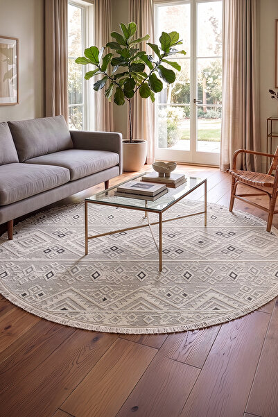 Cotto Home Cotto Motto TT008A Yuvarlak Krem Halı Modern Geometrik Desen Pamuk...
