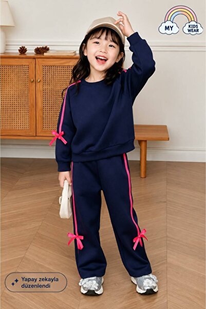 My Kids Wear Girls' Double Ribbon Three Thread Tracksuit Set 3-10 Years Old 1...