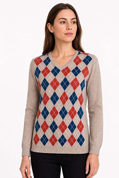 Desen Triko Women's V-Neck Diamond Pattern Wool Sweater Y.K.Beige