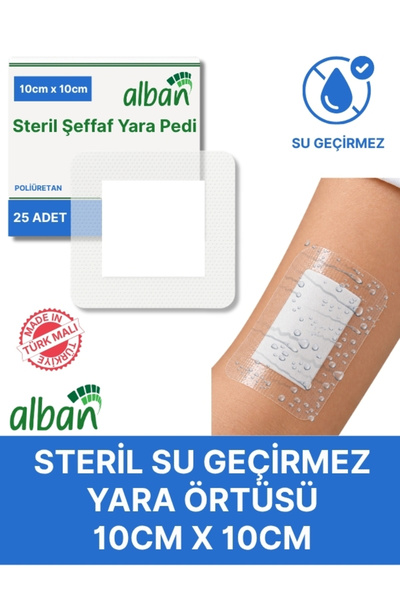 Alban Steril Şeffaf Yara Pedi, Poliüretan 10cmx10cm Pansuman Yara Örtüsü, Ste...