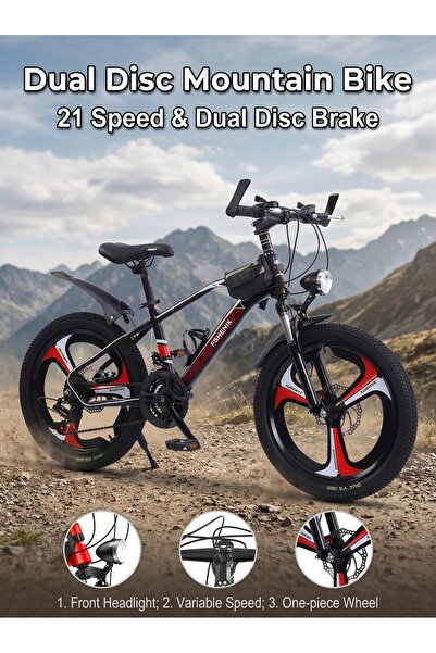 KidLe Mountain Bike 22 Inch, 21-Speed Dual Disc Brake, Bicycle with Headlight...