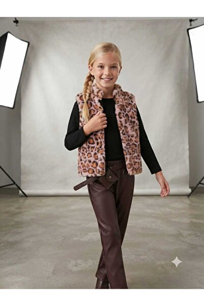 Hilal Akıncı Kids Girl's Leopard Model Plush Vest Black Velvet Lycra Leggings...