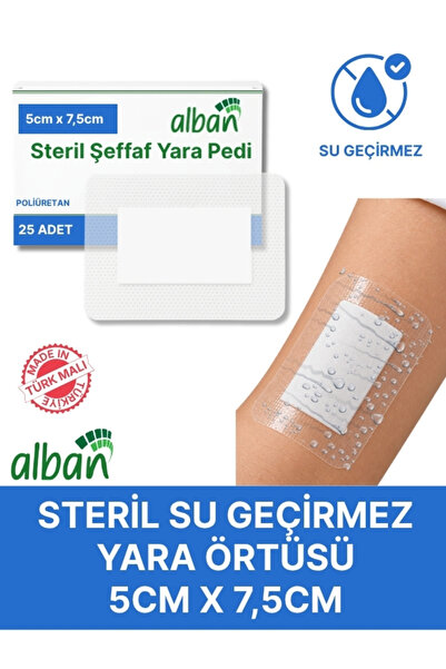 Alban Steril Şeffaf Yara Pedi, Poliüretan 5cmx7,5cm Pansuman Yara Örtüsü, Ste...