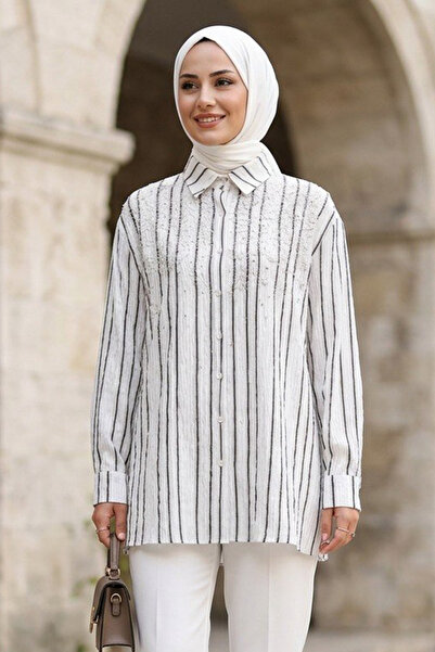 Neva Style Dikey Çizgili Bambu Siyah Tesettür Gömlek 15360S