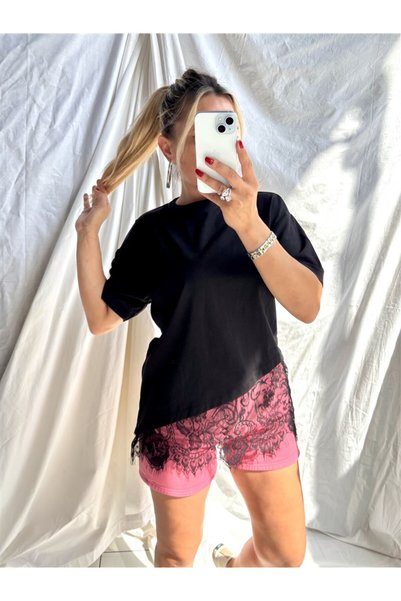 Gözde Tasarım Butik Women's Black Color Circular Neck Short Sleeve Cotton Lace T-Shirt