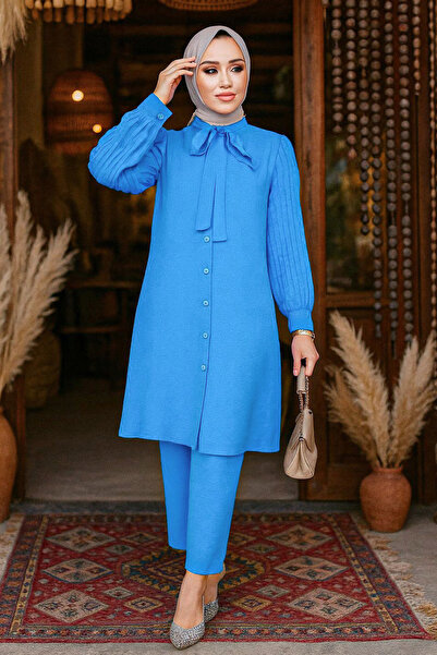 Neva Style Costum dublu hijab albastru cu mâneci plisate 51991M