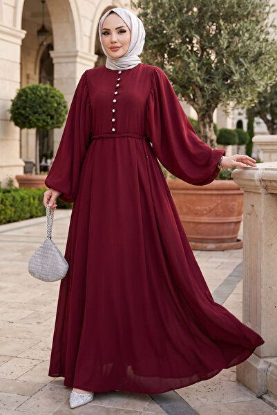 N.S NEVA STYLE Button Detailed Burgundy Hijab Dress 10161Br