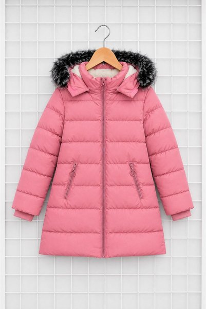 REGOS Girl's Pink Puffer Coat Hooded Fur Winter Long Model