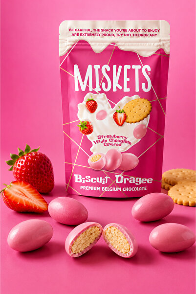Miskets Beyaz Çikolata Kaplamalı Çilek Bisküvi Draje 80 GR x 6 Adet