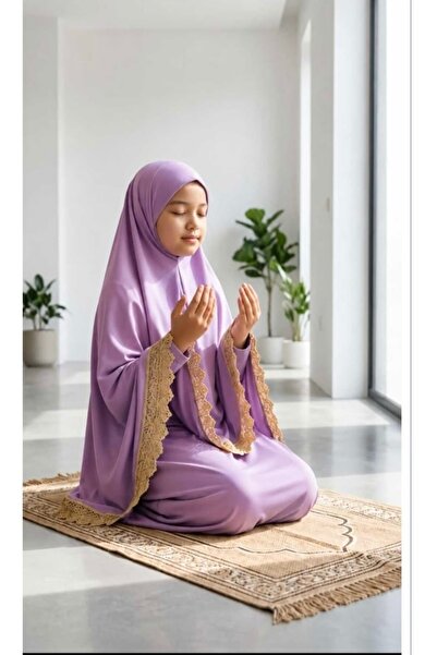 Store Kız Çocuk Lüks Kadife Namaz Elbisesi - Dantel İşlemeli Krem Namazlık Ta...