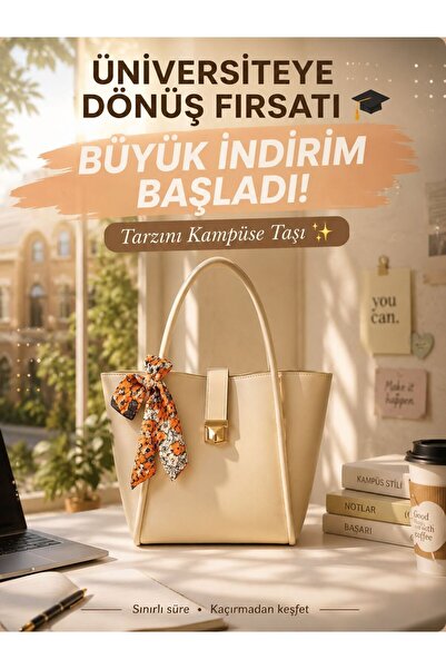 ROYAL LADYS Büyük Boy Çanta Gold Detaylı + Hediye Fular