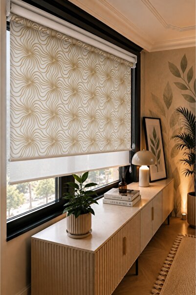 PERDEMANİA Çiftli Sistem Hare Desenli Tül ve Ekru Mat Polyester Stor Perde