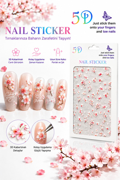 Sibelon 3D Tırnak Sticker Nail Art Tırnak Süsü Şakura Çiçek Kendinden Yapışka...