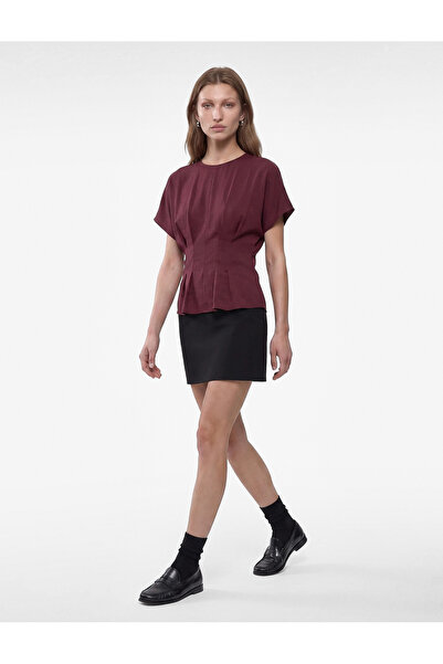 Koton Viscose Modal Fabric Pleated Slim Fit Waist Accent Crew Neck Short Slee...