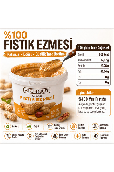 Deva Çiftliği Richnut Şekersiz %100 Saf Doğal Fıstık Ezmesi 1 Kg