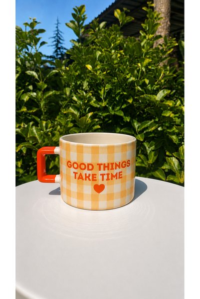 Junno Gift Good Things Take Time Seramik Baskılı Kupa – Ekose Desenli Kahve v...