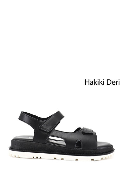 GÖNDERİ(R) Kadın Siyah Cırt Bantlı Hakiki Deri Sandalet