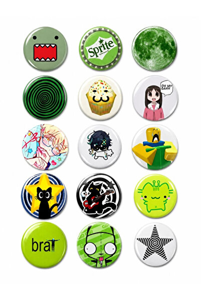 Punky Store Trend-18-15'li Yeşil Anime Kawaii Rozet Seti Karakter Desenli Pop...