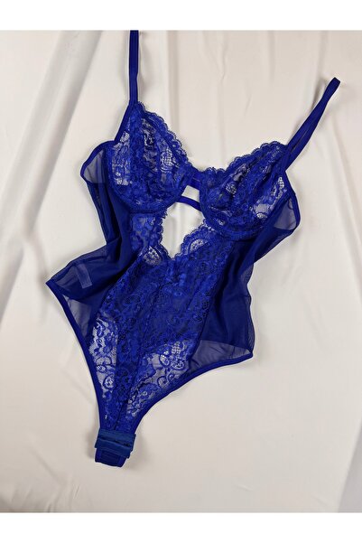 ROZENİN LINGERIE Cobalt Blue Lace Underwire Capless Transparent Bodysuit with...
