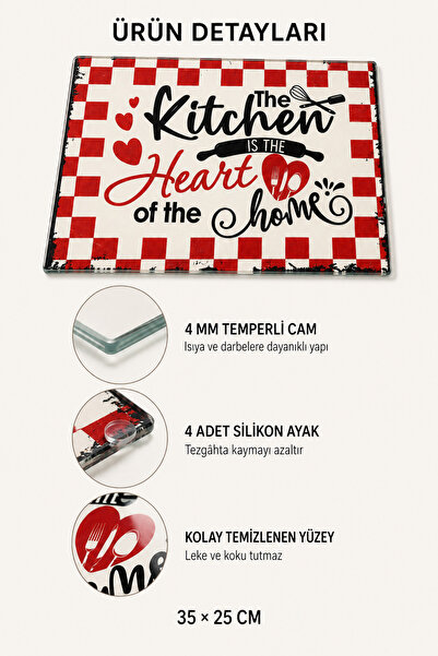 Queen’s Kitchen Kitchen Heart Desenli Temperli Cam Kesim Panosu – 35 × 25 cm