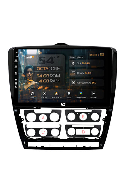HUB64 Navigație Android Skoda Octavia 2, 10.1 inch, 4GB RAM, CarPlay și Andro...