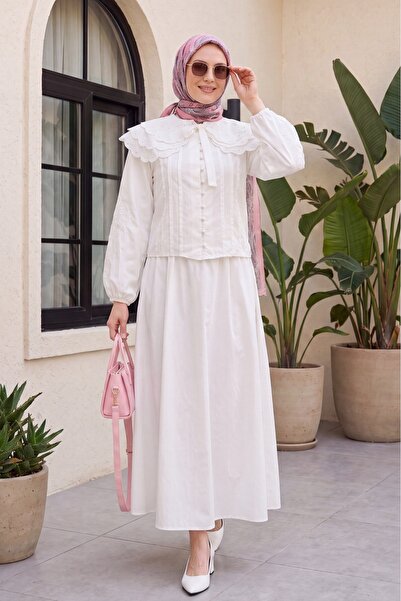 Modamorfo Wide Collar Tie-Up Sleeve Elastic Skirt Lined Poplin Suit -White