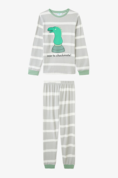 Penti Açık Gri Erkek Çocuk Chess Play Dinozor Desenli Termal Etkili Pijama Ta...