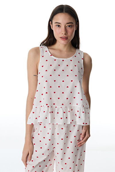 Penti Off-White Red Hearts Cotton Piece Athlete Pajama Top