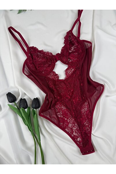 ROZENİN LINGERIE Bordo Dantelli Balenli Kapsız Transparan Alttan Çıtçıtlı Bod...