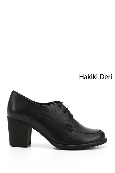 GÖNDERİ(R) Women/Girls Black Lace-Up Medium Thick Heeled Genuine Leather Oxfo...