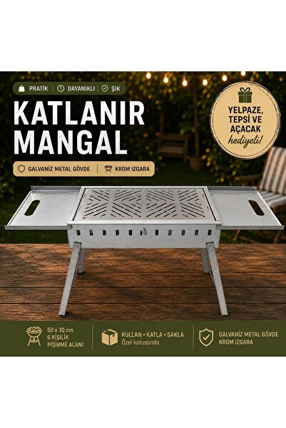 NATURELMETAL Sehpalı Galvaniz Katlanır Mangal Krom Izgara 50cm
