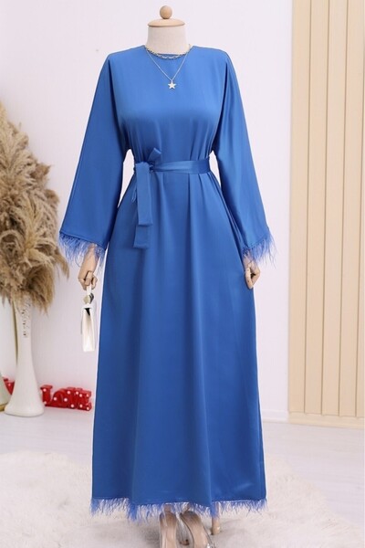 Modamorfo Satin Dress with Round Neck Skirt and Sleeves Feather -Indigo
