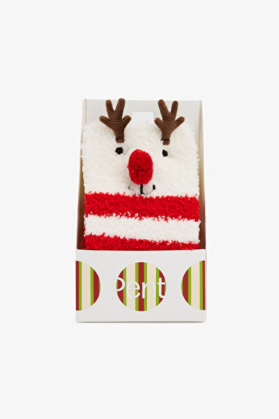 Penti Off-White Pompom Deer Patterned Striped Christmas Socks