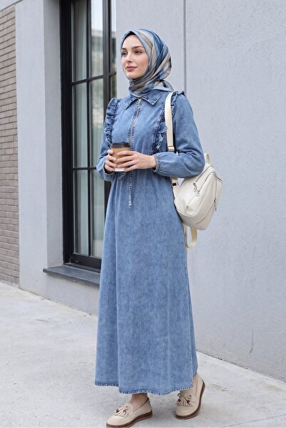 Modamorfo Robadan Jeanskleid mit Rüschen und gerafftem Bund - blau