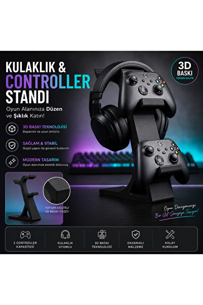 ElizTosh Xbox 2'li Gamepad ve Kulaklık Standı | Xbox Controller Tutucu Masaüs...