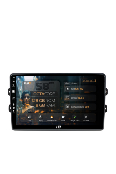 HUB64 Navigație Android Dacia/Renault, 9 inch, 8GB RAM, CarPlay și Android Au...